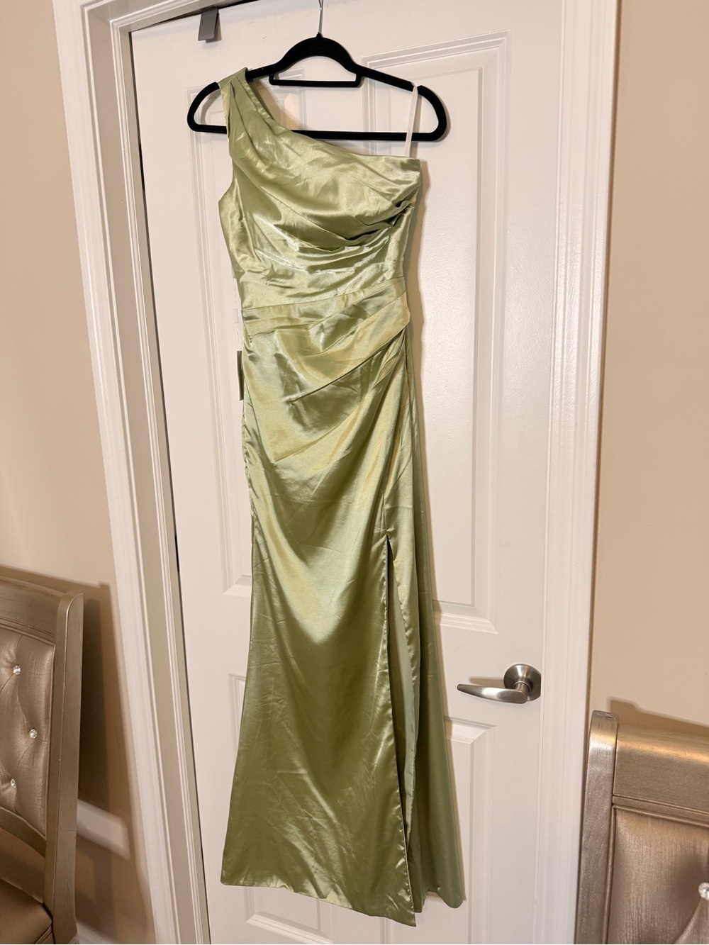 One-Shoulder Sage Green Satin Evening Gown
